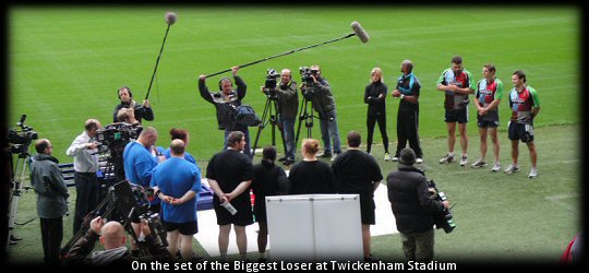Harlequins players Nick Easter, Nick Evans & Danny Care on the set of The Biggest Loser at Twickenham